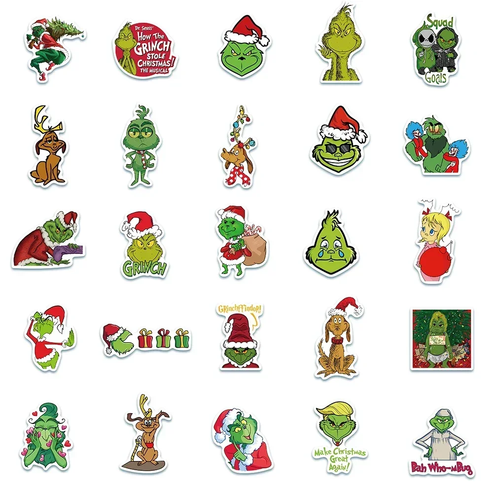 50pcs Green People Grinch Stickers Christmas Max Decal Kids Toy Scrapbook Diary Phone Laptop Guitar Graffiti Waterproof Stickers