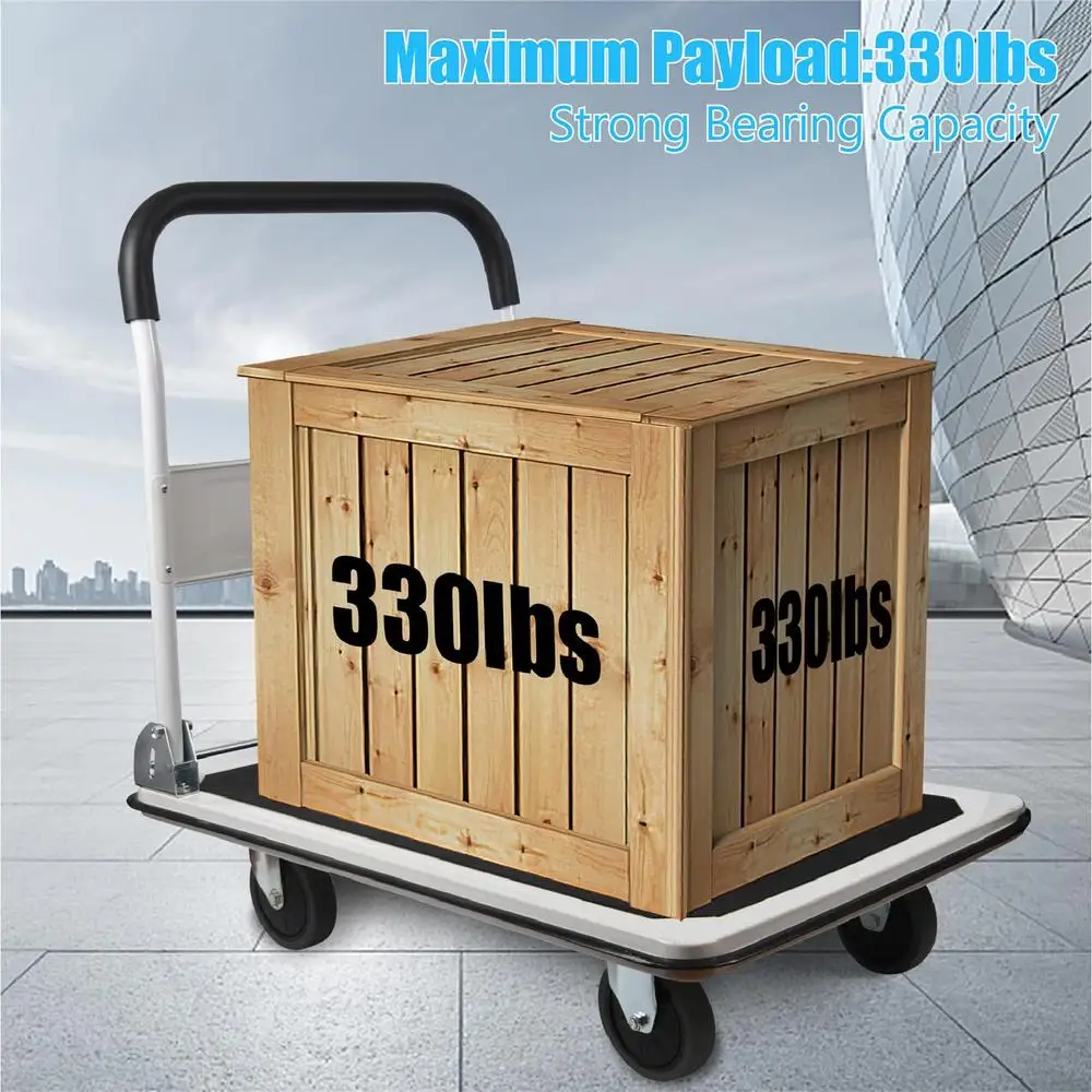 Foldable Platform Cart 330lbs Capacity 4 Wheels White Small Flatbed Cart