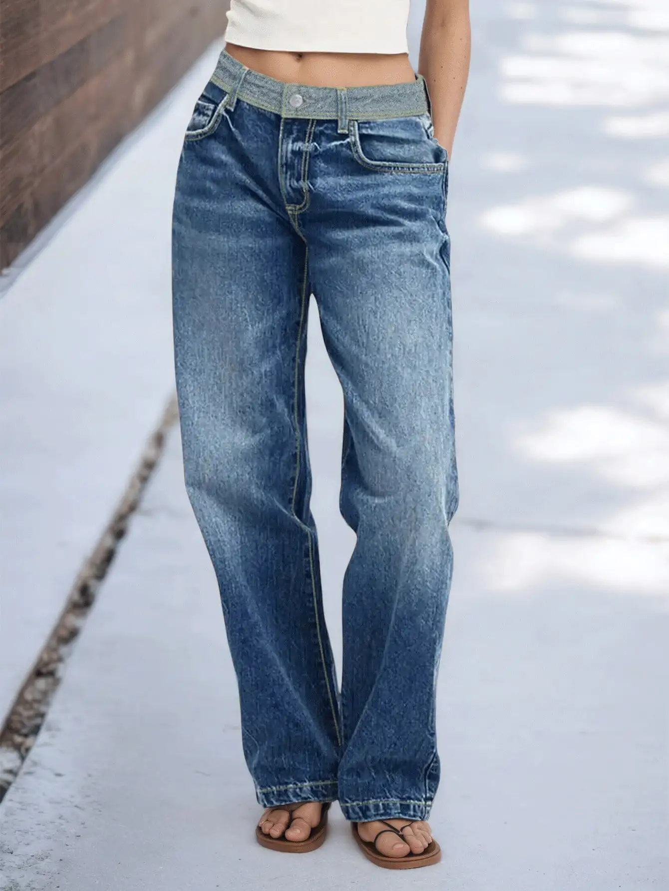 Jean en denim délavé à revers pour femme – Vêtements décontractés élégants et confortables
