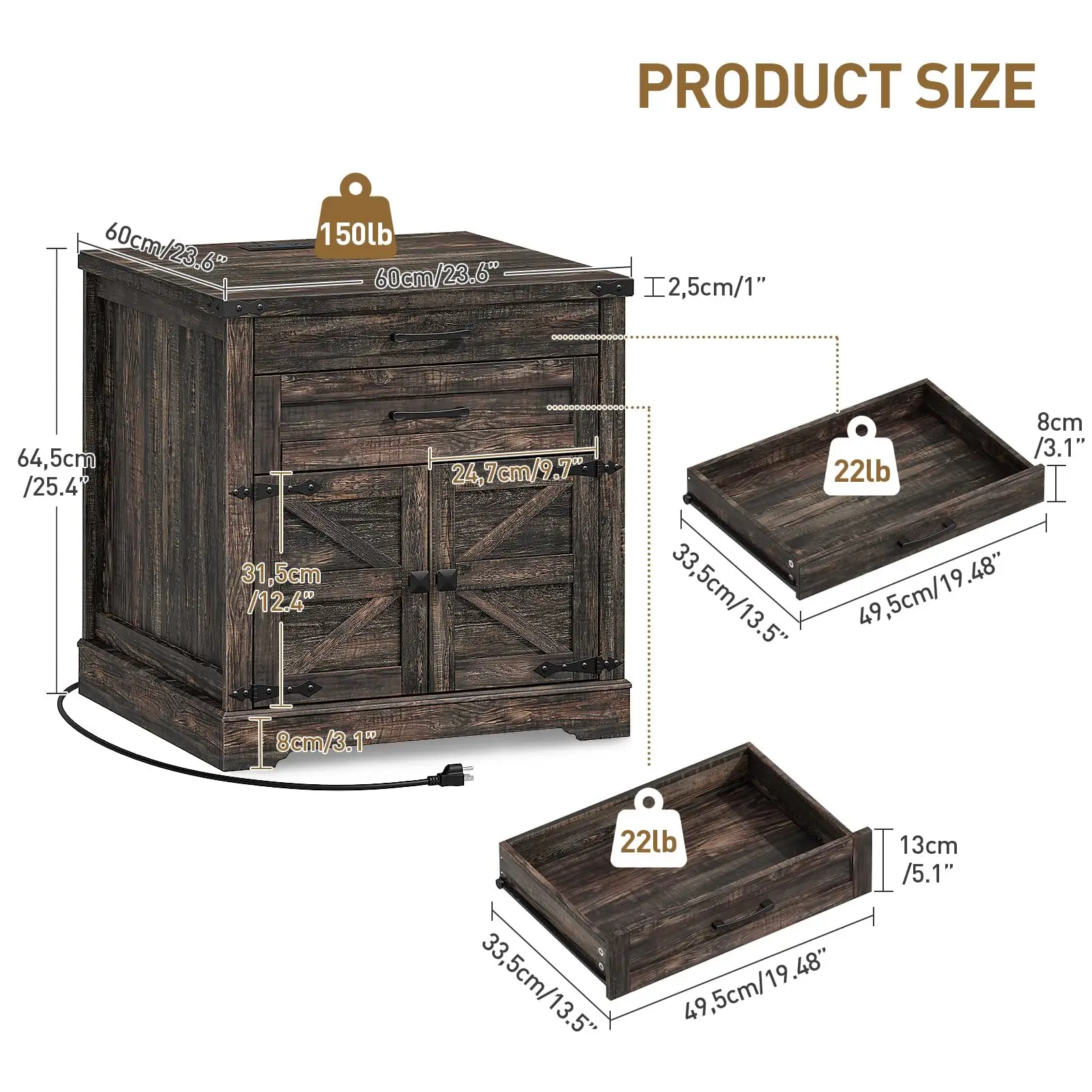 Farmhouse End Table with Charging Station, 24'' Sofa Side Table with 2 Drawers and Barn Door, Large Rustic Wooden