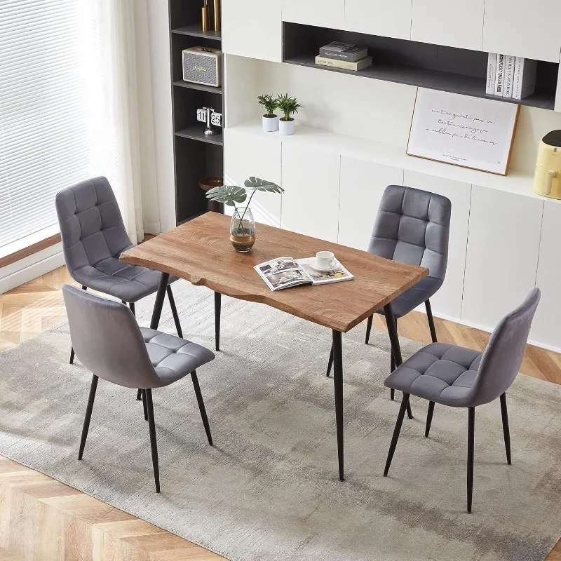 5-Piece Dining Table Set, 47 in Modern Irregular Rectangle Kitchen Table & 4 Grey Velvet Upholstery Side Chairs, Metal Legs