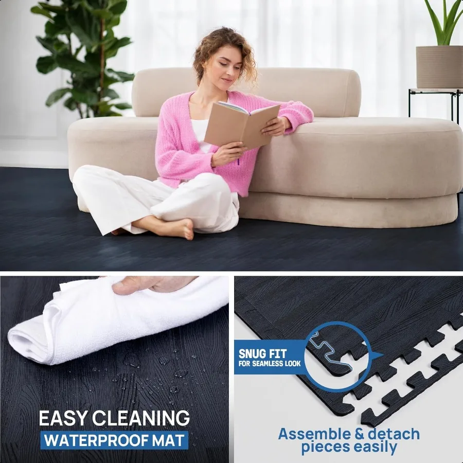 48SQ.FT Wood Grain Puzzle Exercise Mat Protective Flooring EVA Interlocking Foam Floor Tiles with Border for Home