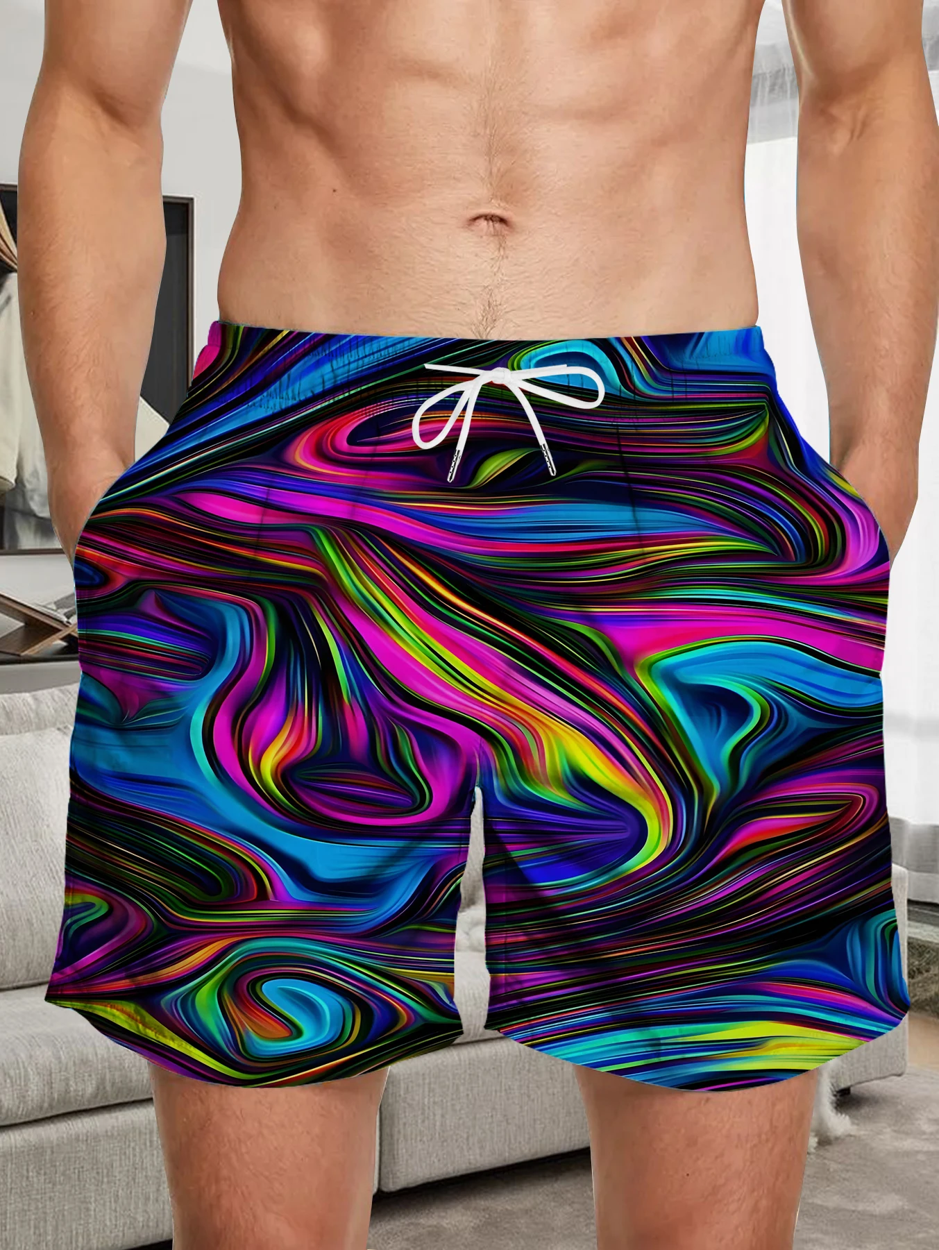 

Elastic Waist Men Beach Shorts Full Digital Print Polyester Quick Dry Swimwear