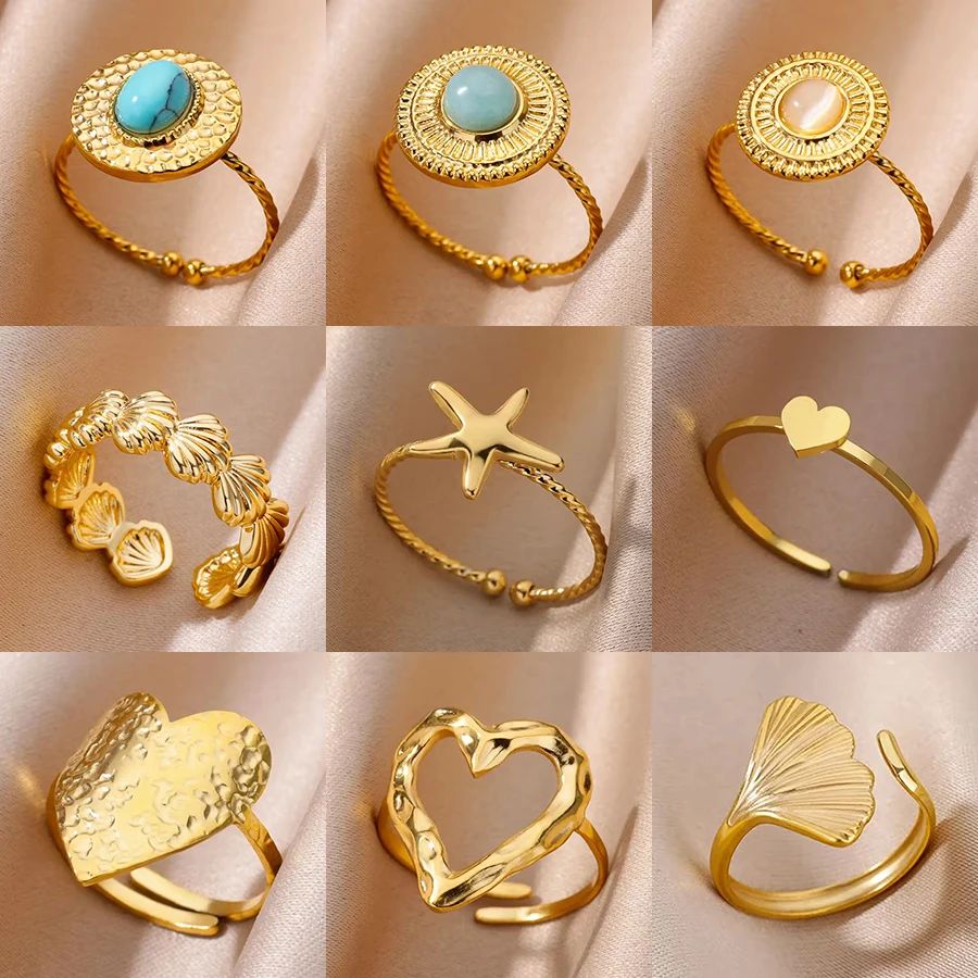 Gold Color Stainless Steel Shell Rings For Women Vintage Oval Blue Stone Adjustable Ring Fashion Party Jewelry Anniversary Gift