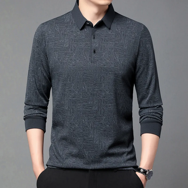 Autumn New Long-sleeved Polo Shirt Men's Fashionable Printing Trend Versatile Casual Lapel Middle-aged Long-sleeved T-shirt