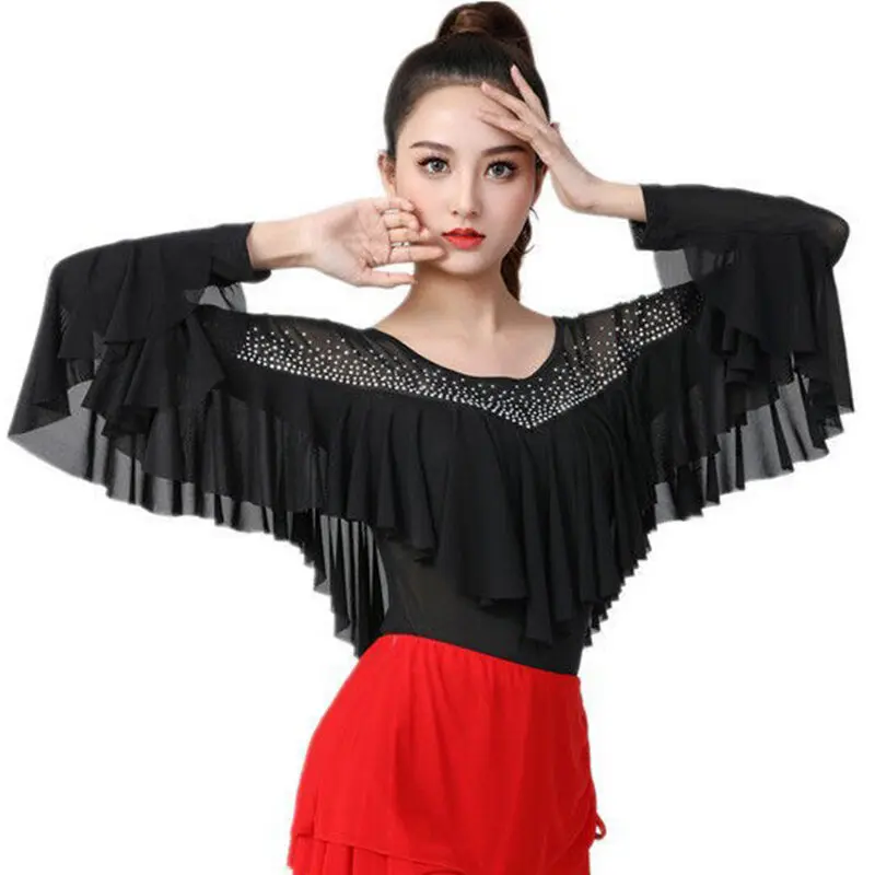 ملابس الرقص اللاتينية للنساء أزياء الماس كشكش طباعة ساحة الرقص تي شيرت ملابس رياضية اللياقة البدنية في الهواء الطلق