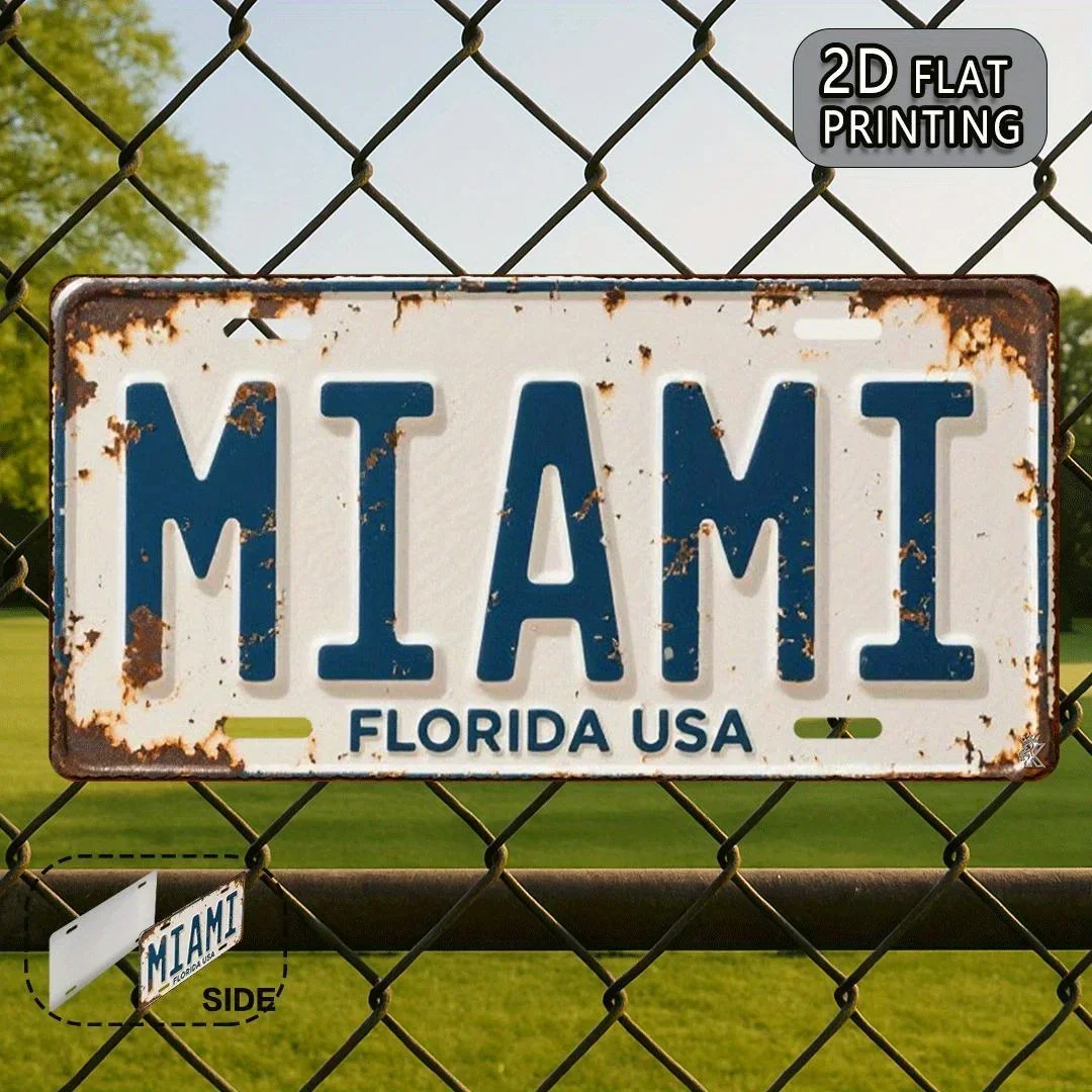 2D Flat, Vintage Miami Aluminum Metal Plate 1pc, Decorative License Plate,for Decoration Only,Travel Souvenirs,Gifts for Frie