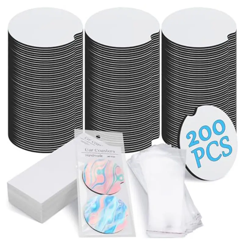 AT05-Sublimation Car Coaster Blank Set, 200Pcs 2.76Inch Blank Sublimation Coaster 100 Adhesive Bag And Display Card