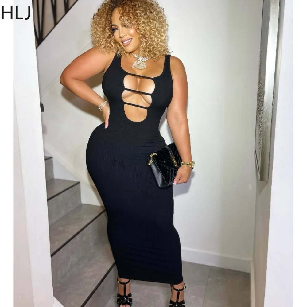 

HLJ Black Sexy Hollow Out Ribber Bodycon Maxi Dresses Women Strap Sleeveless Solid Color Slim Vestidos Fashion Female Clothing