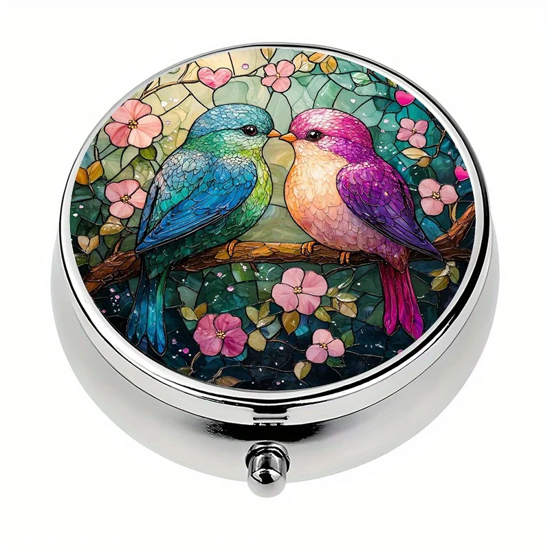 Single pack, portable travel pill box with 3 compartments, decorated with two love birds, suitable as a mini decorative pill box for a purse or wallet, a unique gift for travel