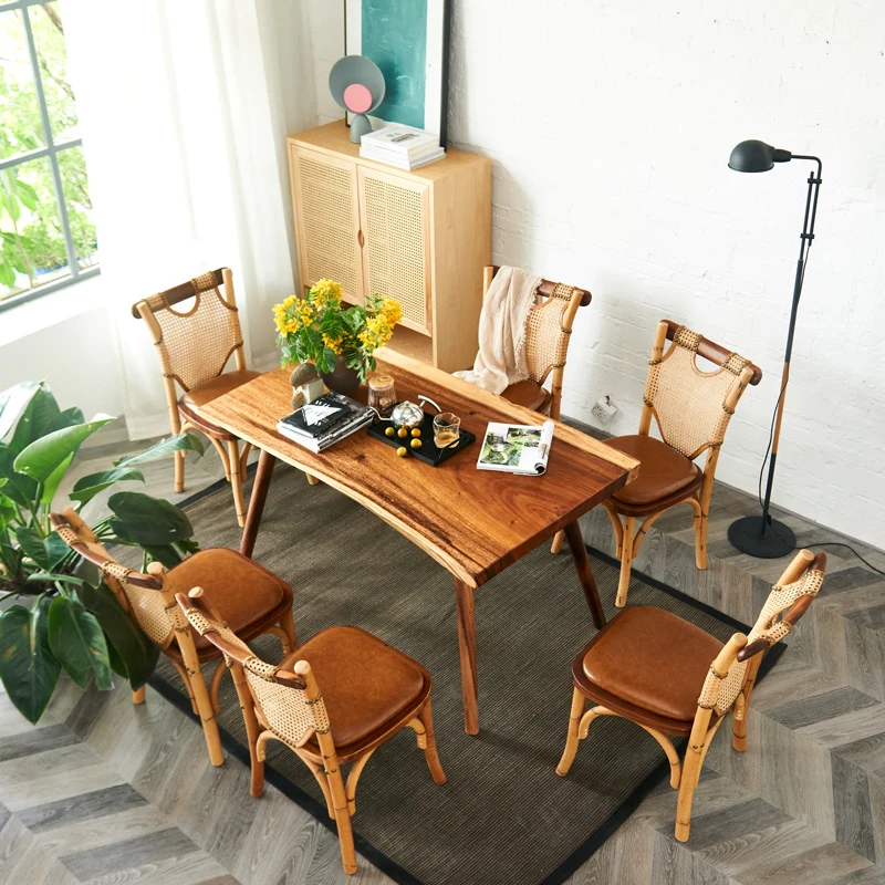 Dining chair household Nordic solid wood small apartment modern simple retro rattan dining table B&B hotel dining table