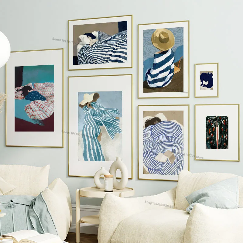 Abstract Art Pajamas Girl Life Illustration Poster Wall Art Canvas Painting Prints Bar Hotel Pictures for Living Room Home Decor