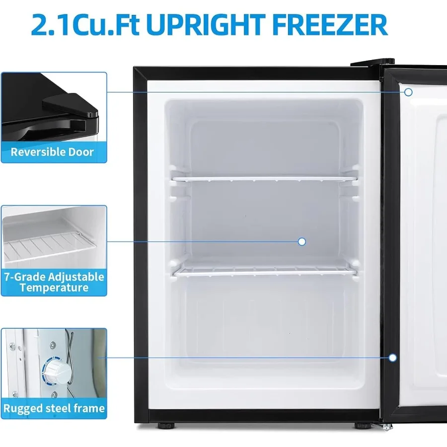 2,1 pés cúbicos pequeno congelador vertical compacto mini freezer com prateleiras removíveis termostato ajustável dobradiça de porta reversível silencioso o