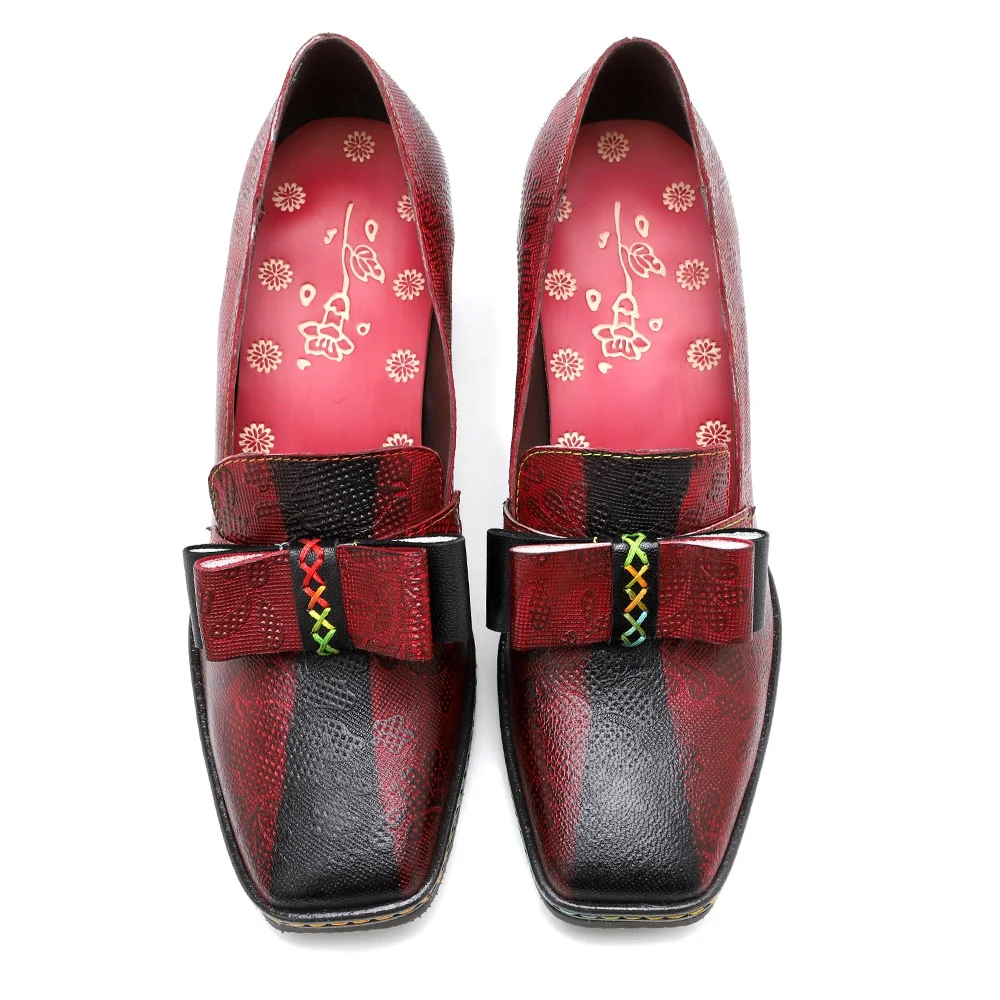 Retro leather red print casual spring new style spot ladies thick heel single shoes high heels