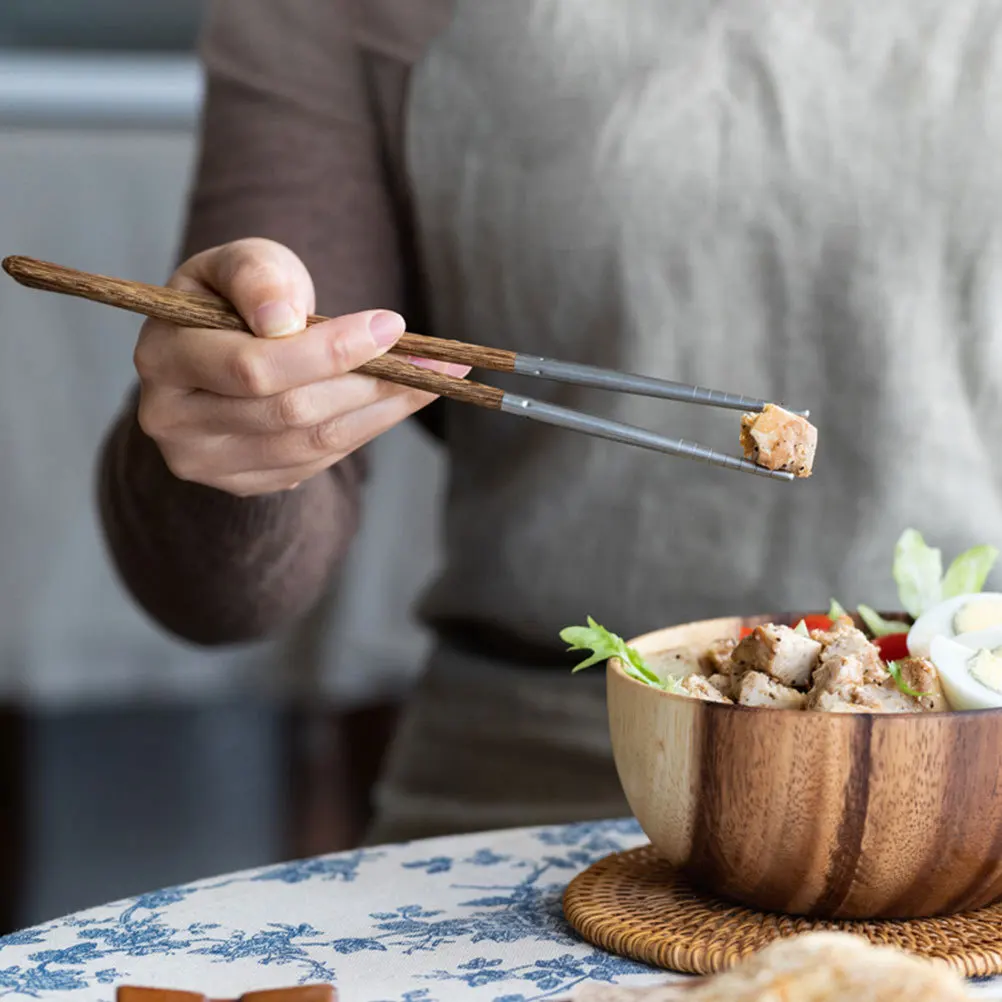 

2Pairs Stainless Steel Wood Chopsticks Comfortable Grip Household Tableware Practical Home Supply Heat-Resistant