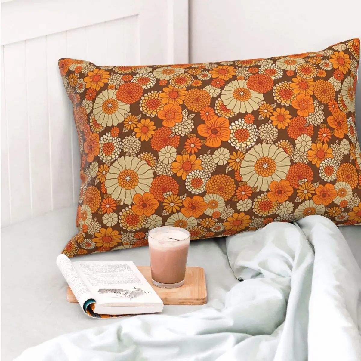 70s Retro Daisies Vintage Flower Power Orange And Brown Boho Rectangle Pillowcase Cushion Cover Bedroom Bed Home Throw Pillow