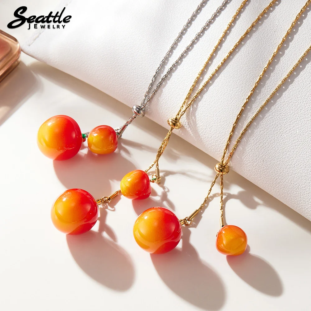 Позолоченная цепочка из нержавеющей стали, 72 см, регулируемое длинное ожерелье для женщин, милое ожерелье с подвеской из красной смолы и вишни, модные украшения