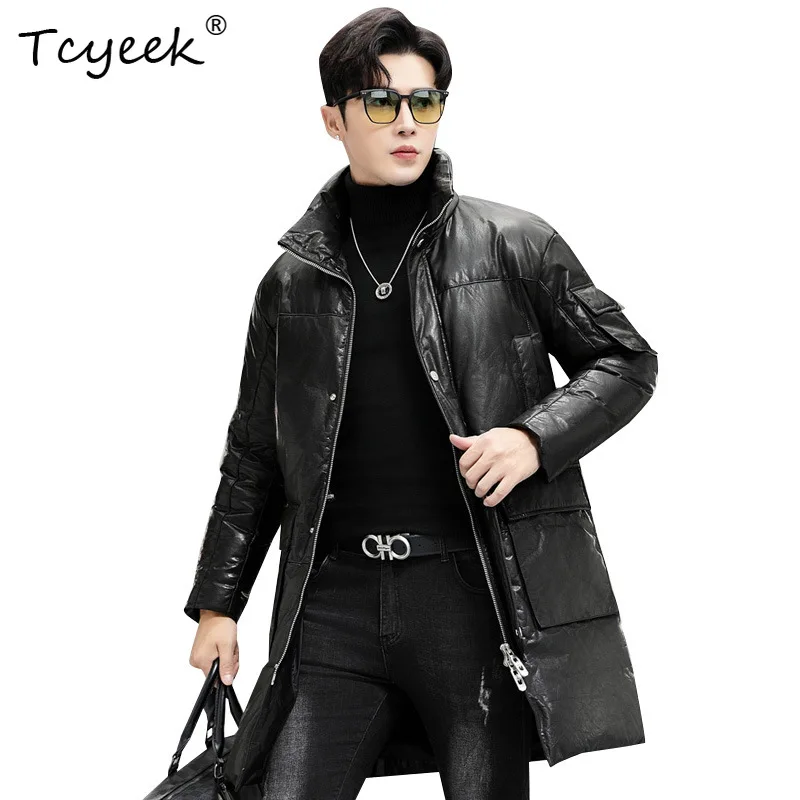 Tcyeek Top Layer Cowhide Real Leather Jacket Men Mid-length White Goose Down Coat Mens Clothes Streetwear Trendy Jaqueta De Cour