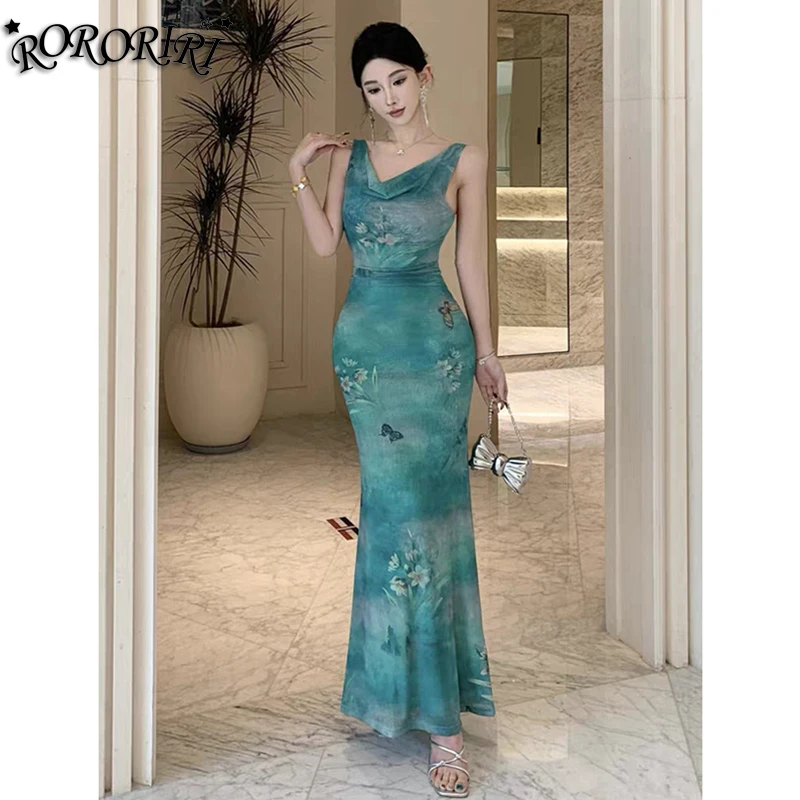 RORORIRI Y2k vestido sin mangas con estampado de mariposa y cuello vuelto para mujer, vestido largo plisado ajustado con espalda descubierta, vestido largo de sirena, ropa Retro elegante