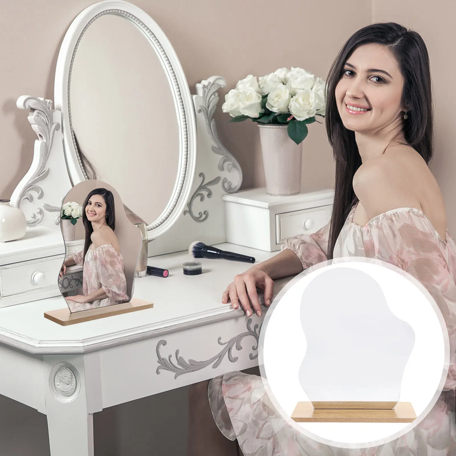 

Набор из 1 безрамного настольного зеркала с подставкой из натурального дерева, портативное зеркало для спальни, гостиной, туалетного столика, рабочего стола