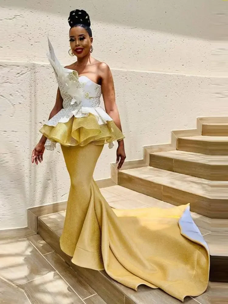 ชุดราตรีแบบเปิดไหล่สำหรับผู้หญิงแอฟริกัน  ชุดเดรสทรงเมอร์เมดสำหรับงานพิธีการ  ชุดราตรีทรงหางปลา