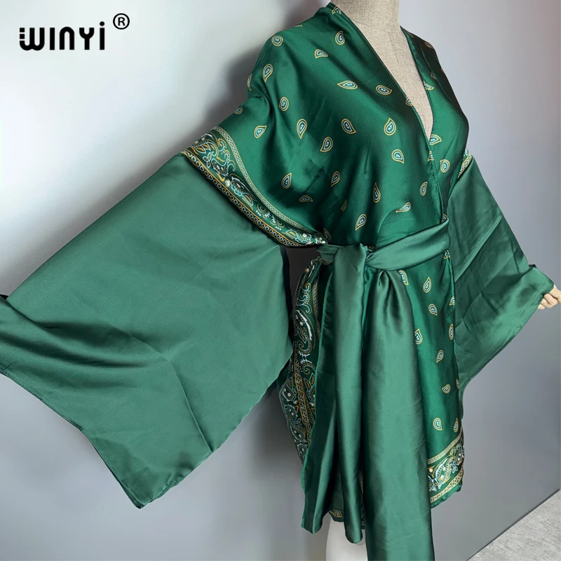 WINYI mode kimono tenues de plage femmes maillot de bain couvrir Cardigan point auto ceinture vacances à manches longues manteau vacances caftan