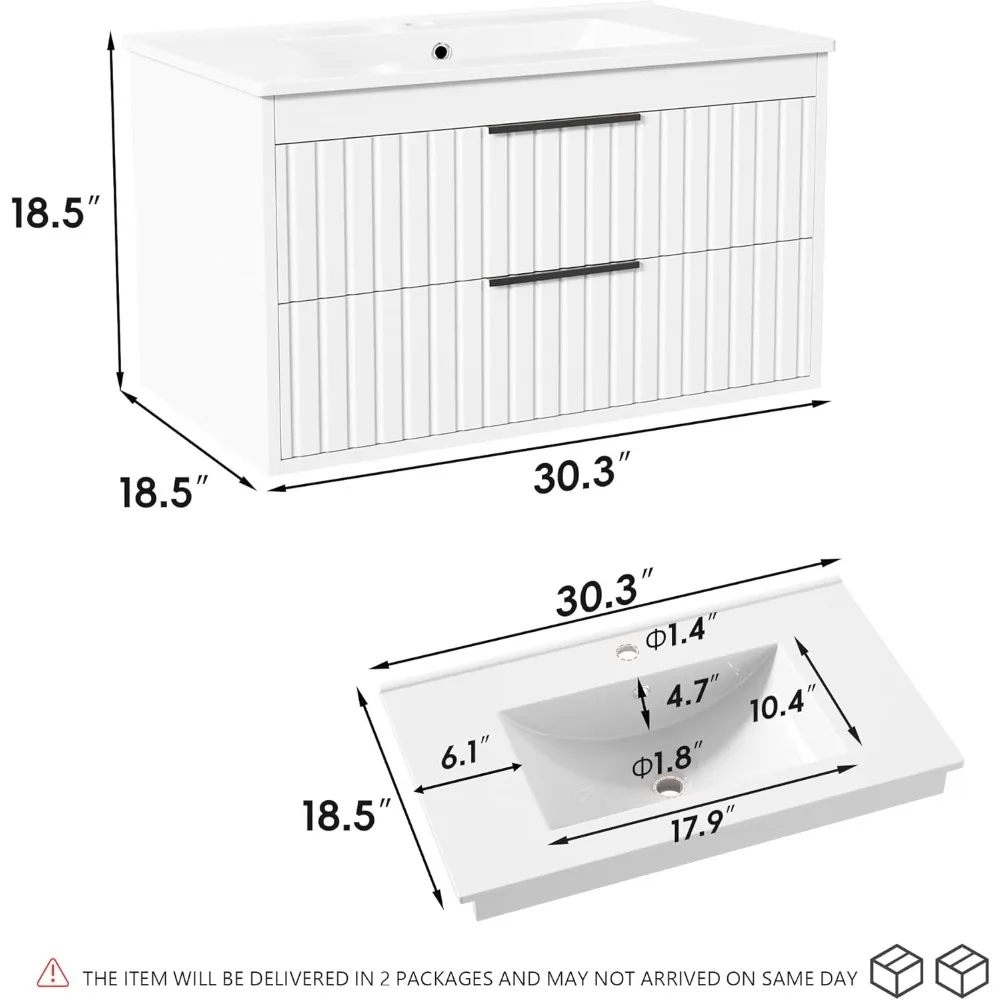 Vanity with Sink, Floating Vanity Bathroom Sink Cabinet Wall Mount, Soft-Close Function 2 Large Drawers, Grooved Stripe Design