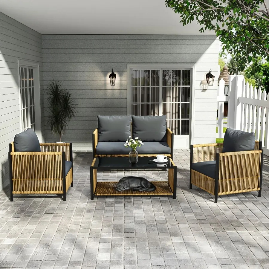 

Новый 4-х предметный коричневый плетеный диван из полиэтилена Comming Patio с серой подушкой