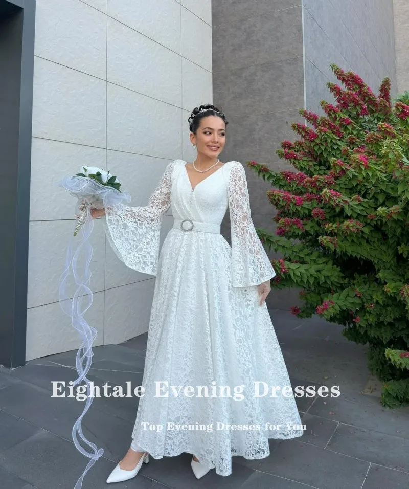 Eightale vestido de casamento árabe personalizado marfim cetim chá comprimento vestido de noiva muçulmano a linha com decote em v renda vestido de festa de noiva