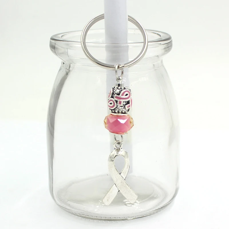 New Arrival Cancer Keychains White Black Blue Green Purple Pink Ribbon Breast Cancer Awareness Keyring Handbag Key Holder Charm