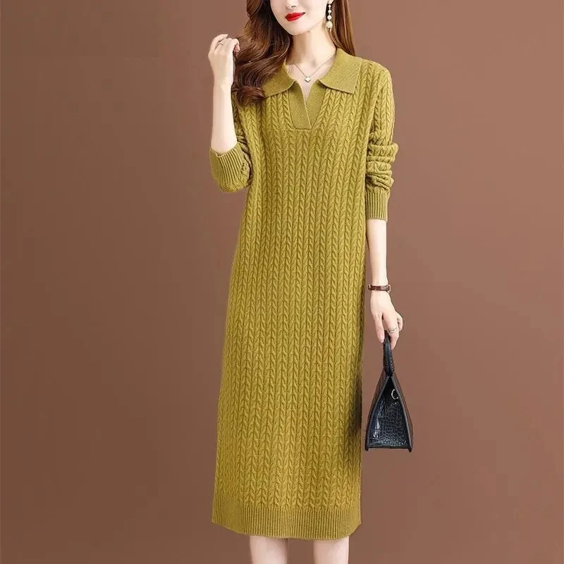 Fashion Lapel Knit Dress For Women New Spring Autumn Korean Casual Loose Long Pullover Sweater Dresses Female Bottomming Shirts