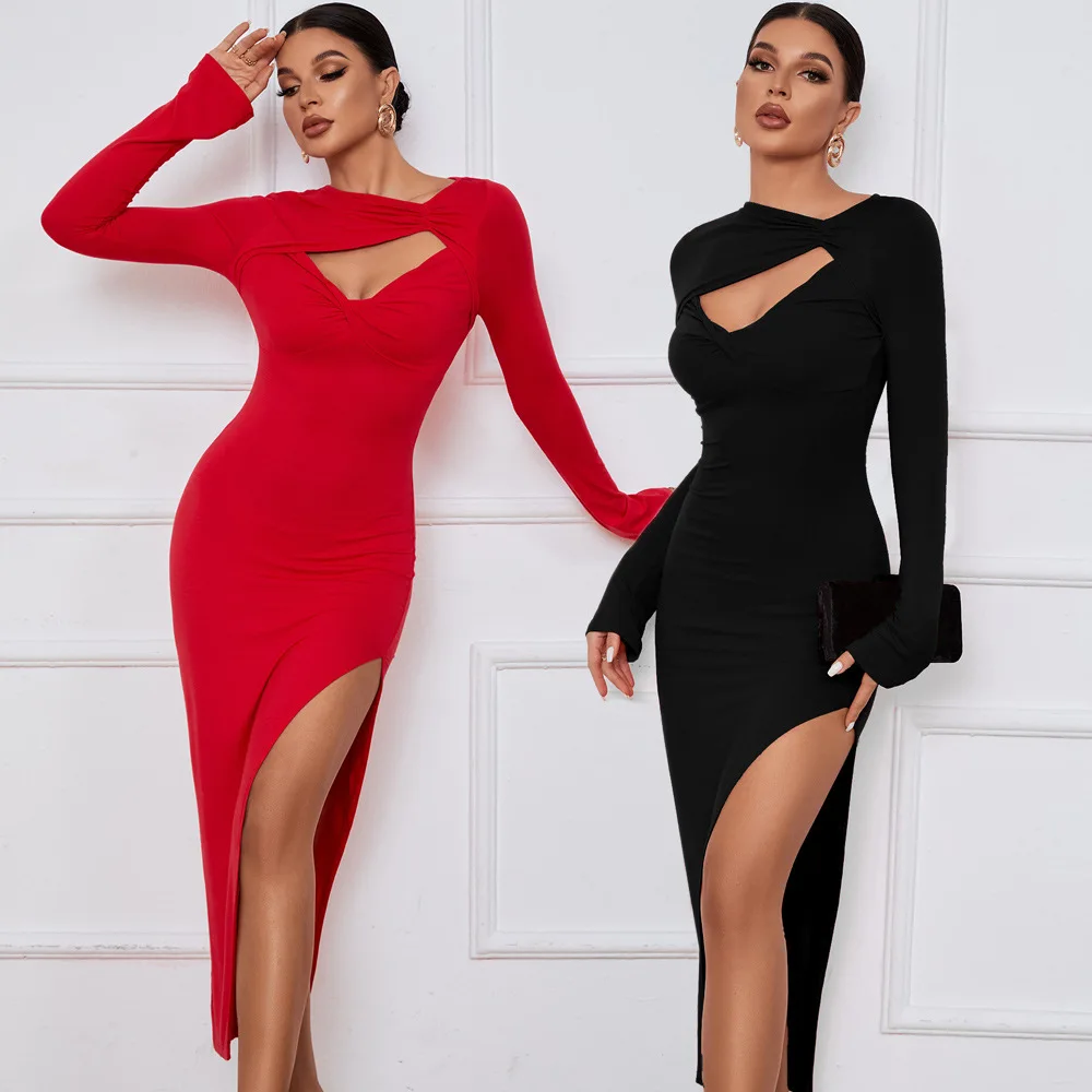 Hot Women Long Dress Bodycon Slim Fit Sexy Slit Long Sleeve Dress
