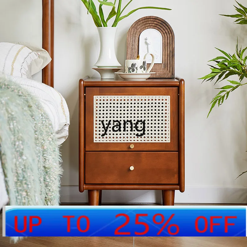 LHH  retro solid wood bedside table medieval rattan rack small cabinet bedside table