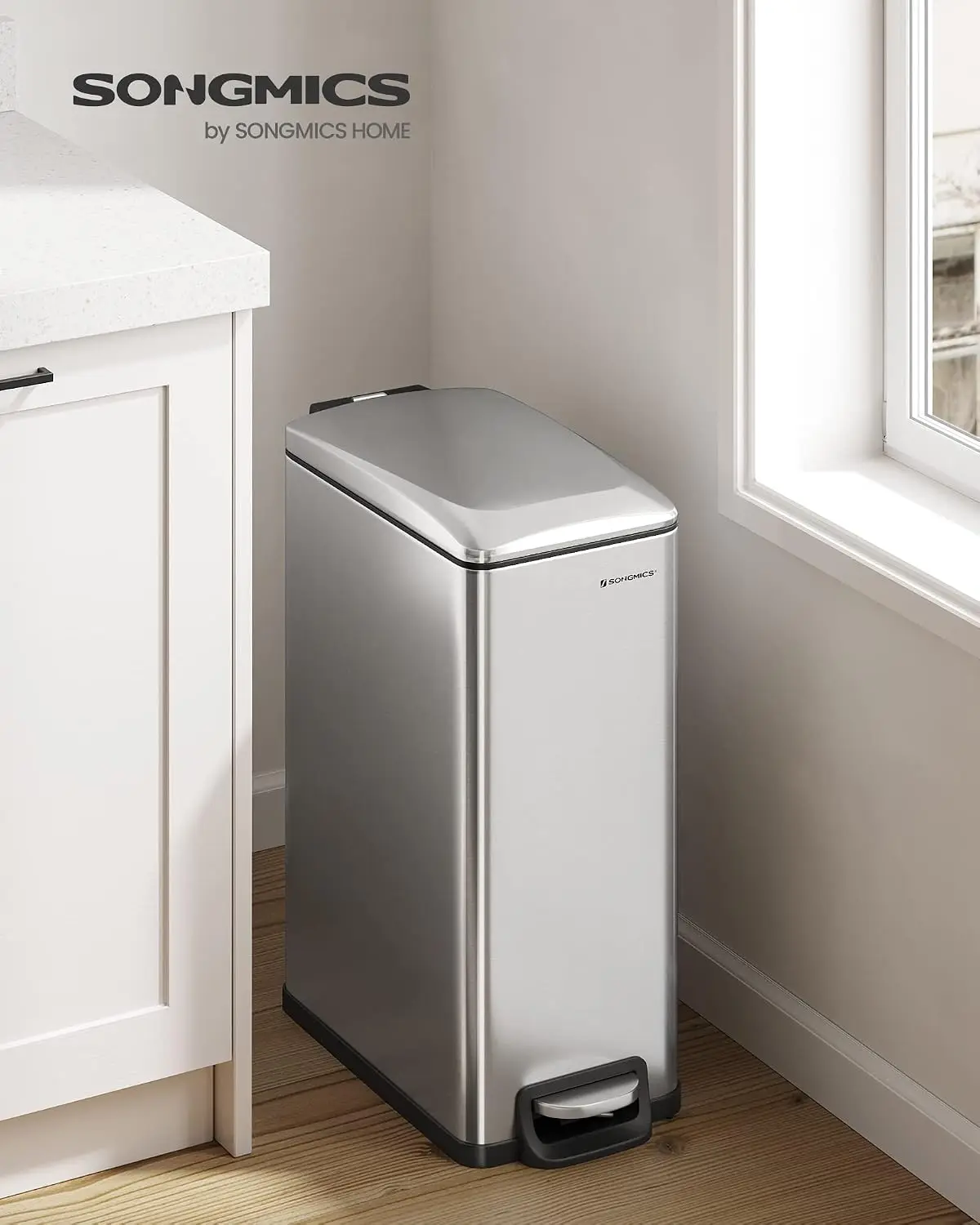 50L Slim Trash Can 13-Gallon for Narrow Spaces, Soft Close Lid Step Pedal Stainless Steel Garbage Can with Inner Bucket, 15 Bags Included