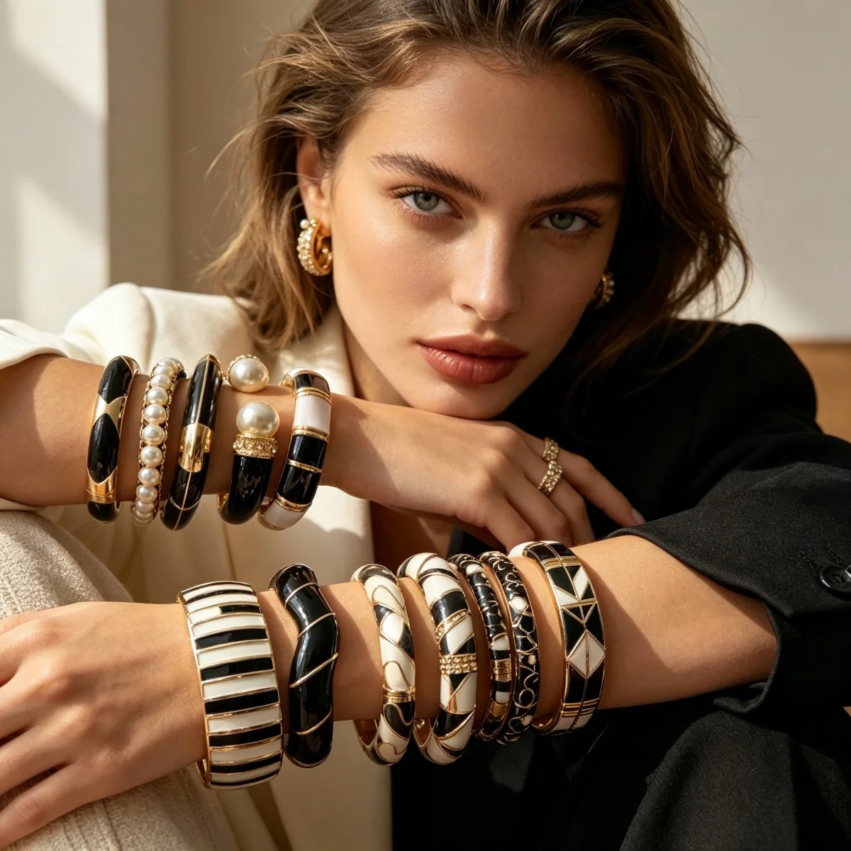 Vintage Schwarz-Weiß Gesplittete Emaille-Manschettenarmbänder für Damen und Herren, Punk Geometrisches Blumenmuster, Wellenförmiger Bambus-Gelenk-Armreif Schmuck – Detail 14