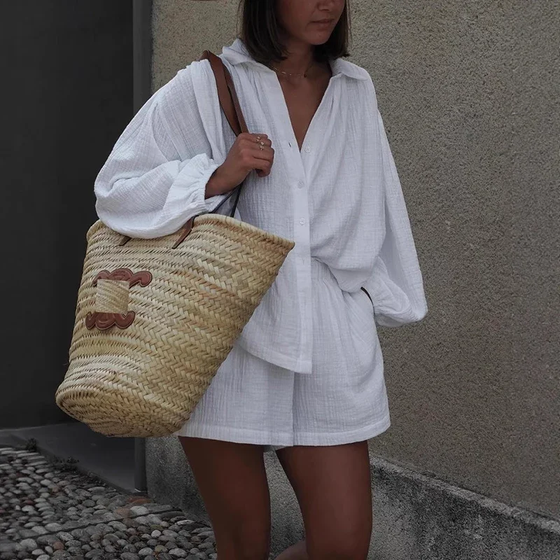 

Свободные короткие комплекты для женщин, весна-лето, однотонные рубашки с коротким рукавом, комплект из 2 предметов, винтажный женский костюм, комплект с шортами