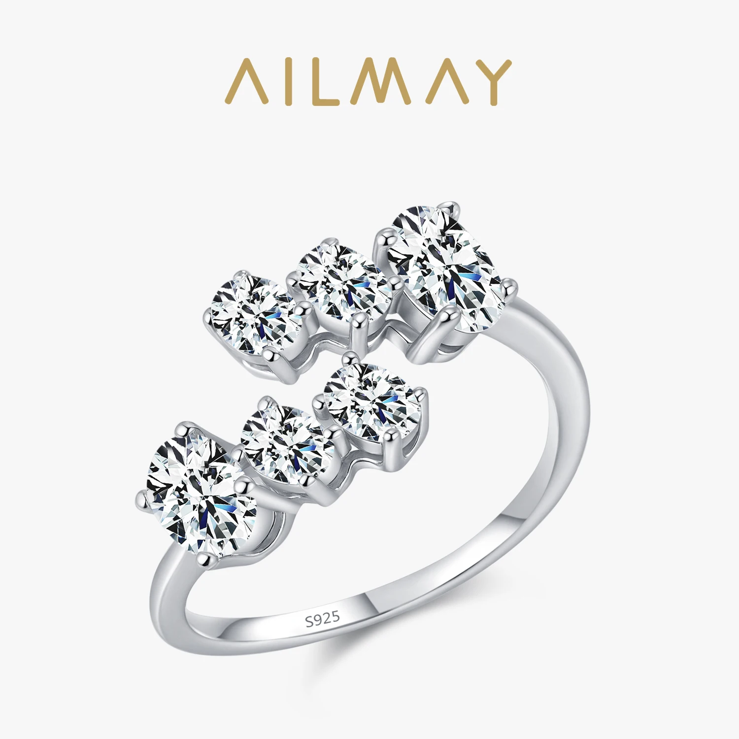Ailmay Irregular Elliptical Connecting Zircon 925 Sterling Silver Open Adjustable Rings For Women Fashion Jewelry
