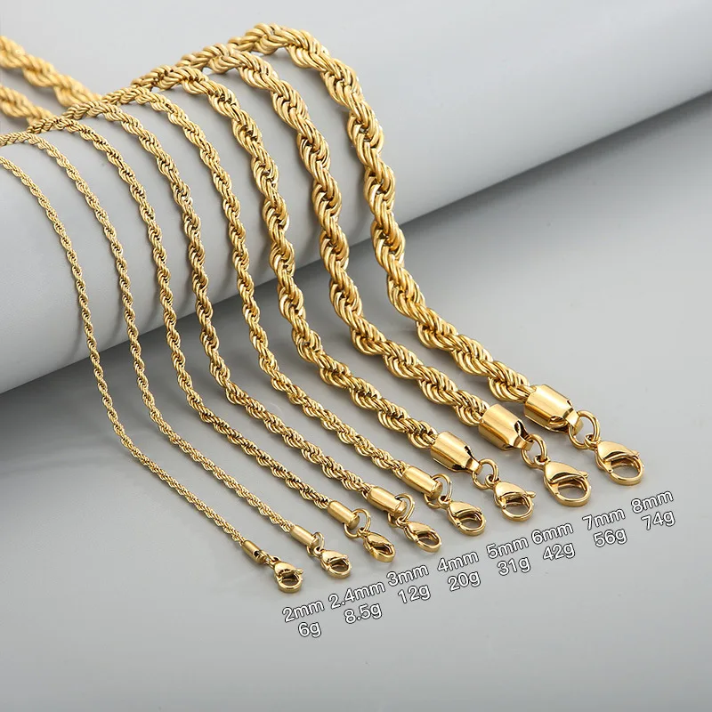 Twisted String hiphop Electroplating Necklace Men's and Women's Gold Stainless Steel Twist Chain,3/4/5/6/7/8mm，50-85CM