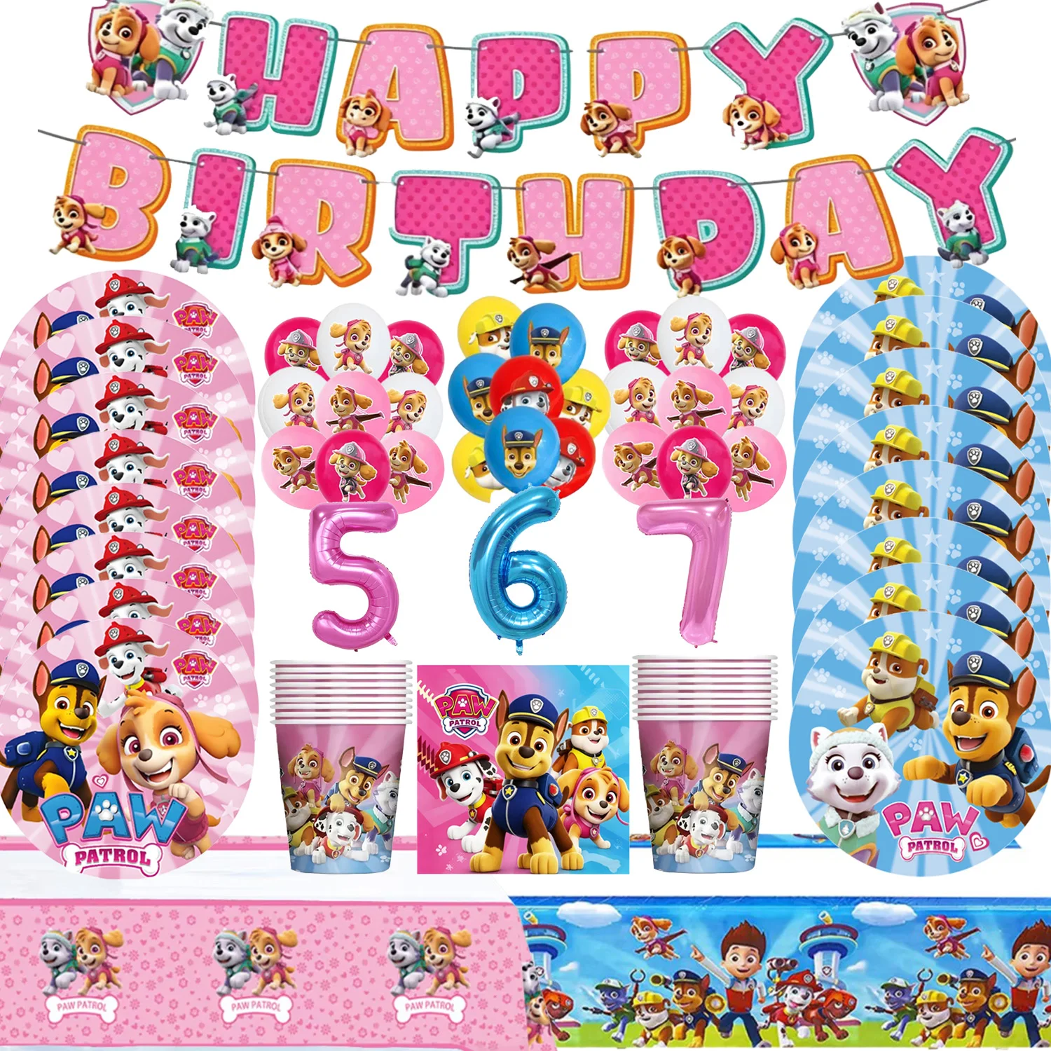 

Cartoon Blue and Pink PAW Patrol Party Decorations Puppy Dog Background Boys Girls Birthday Cup Plate Balloon Supplies Kids Toy