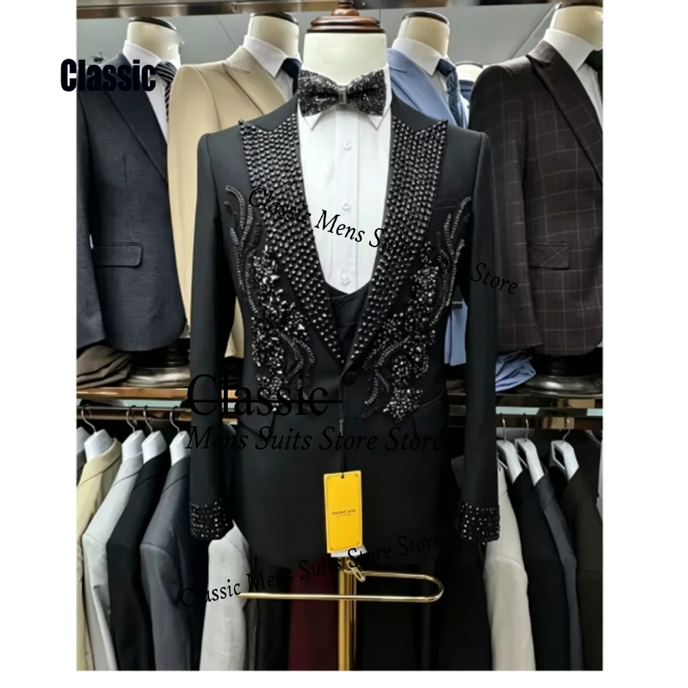 Customized Diamond Men Suits 3 Pieces Sets Glitter Rhinestone Male Party Blazers Groom Evening Tuxedos Slim Corset Costume Homme