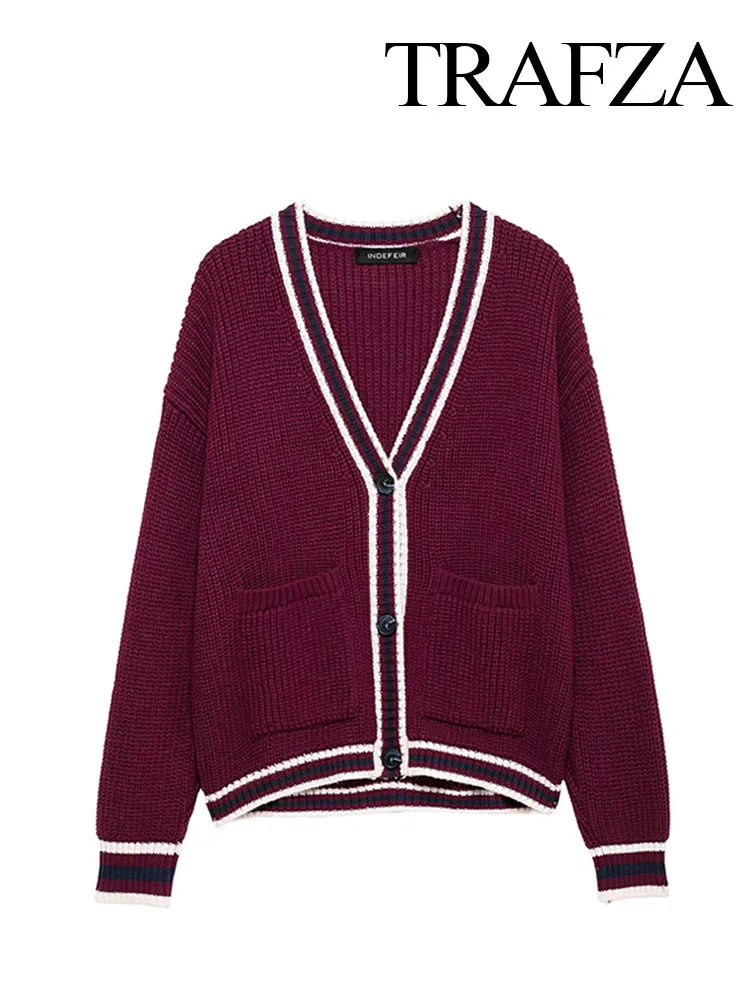 TRAFZA Women Autumn Fashion Sweater Coat Wine Red V-Neck Long Sleeves Pockets Single Breasted Cardigan Female Casual Knitted Top