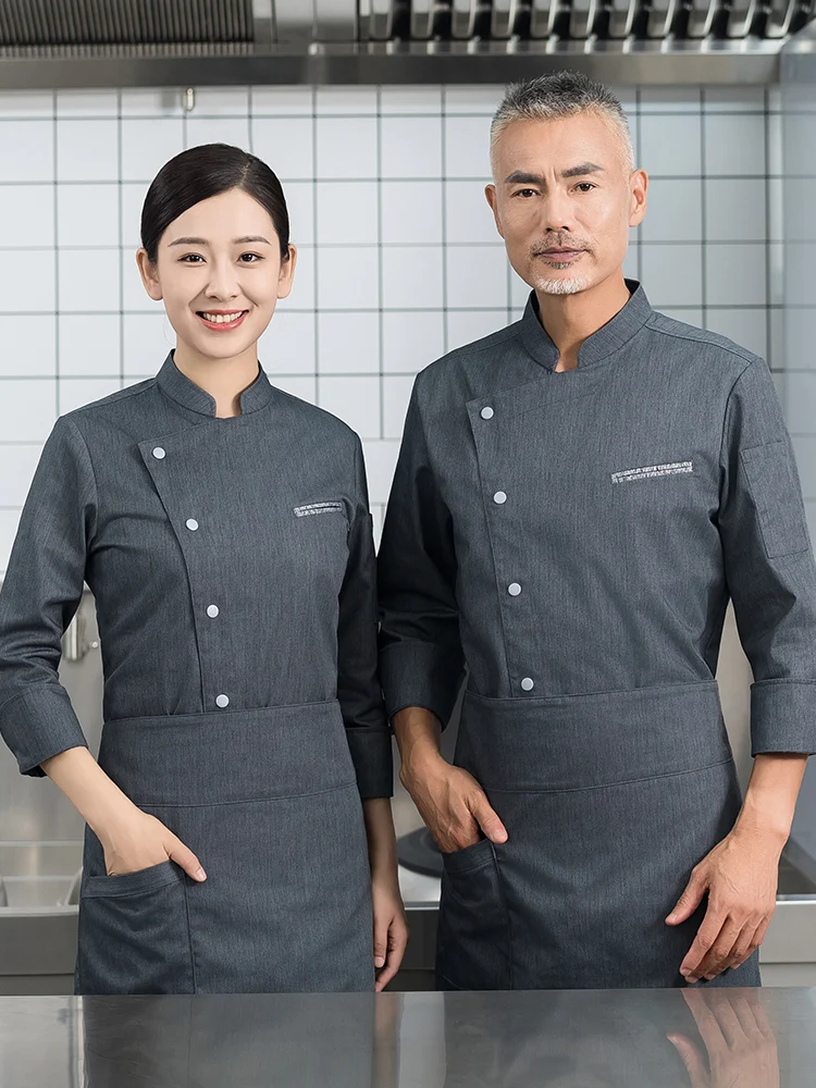 Restaurant Chef Shirt  Kitchen Coat Stand Collar Long Sleeve Hotel Cook Uniform Cafe Bakery Pastry Work Clothes Tops and Apron