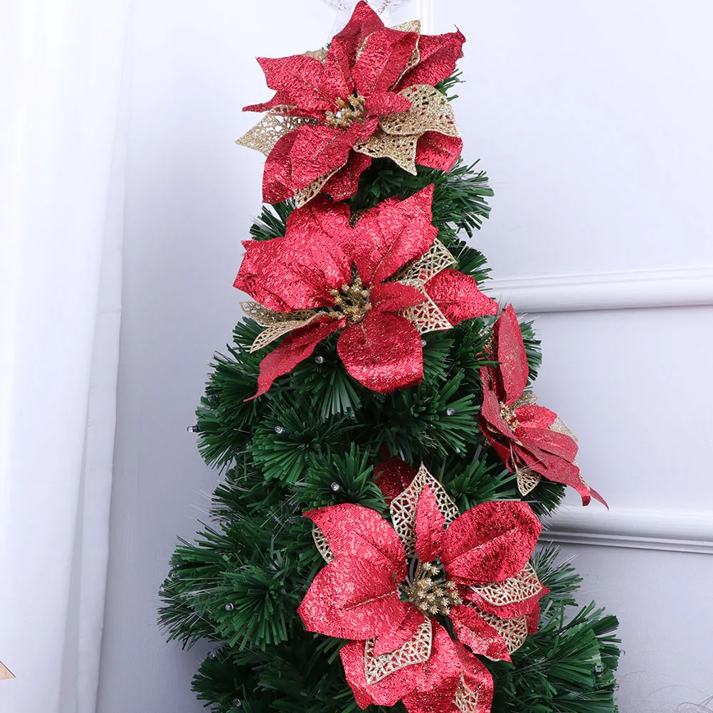 

5pcs Red Christmas Simulated Flowers Decorations Supplies Artificial Sparkly Diy Ornament Wreath Centerpiece Wedding Plastic
