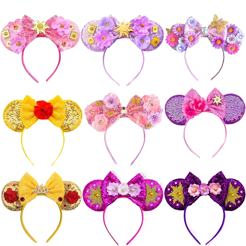 Mickey Mouse Haarband Rapunzel Haarschmuck für Frauen Sonne Blume Ohren Stirnbänder Kinder Pailletten Bogen Mädchen verheddert Kopf bedeckungen