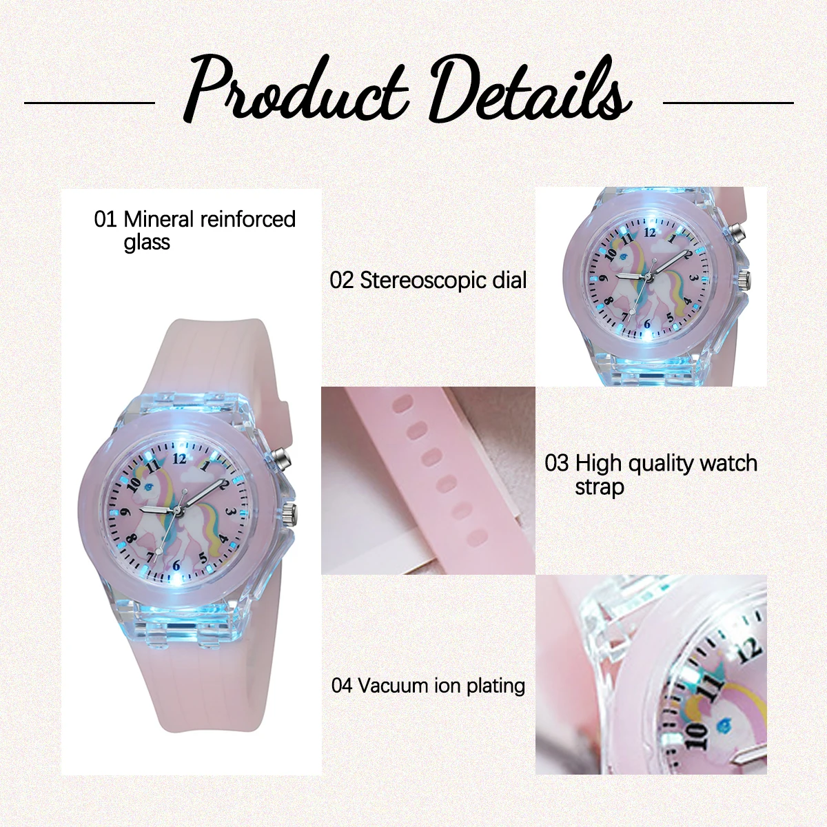 1PCS Girl Cute Student Little Fresh Unicorn Pink Light Quartz Silicone Watch +1Pcs Burst Bead Bracelet +1Pcs Pink Box Set