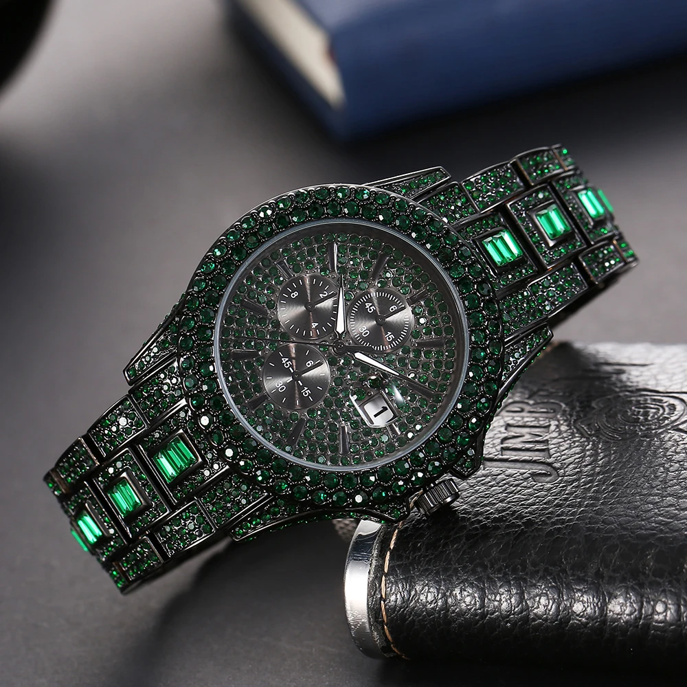 2023 New MISSFOX Fashion Green Watch For Mens Automatic Date Hip Hop Iced Diamond Waterproof Luxury Quartz Wrist Watch Man Rolej