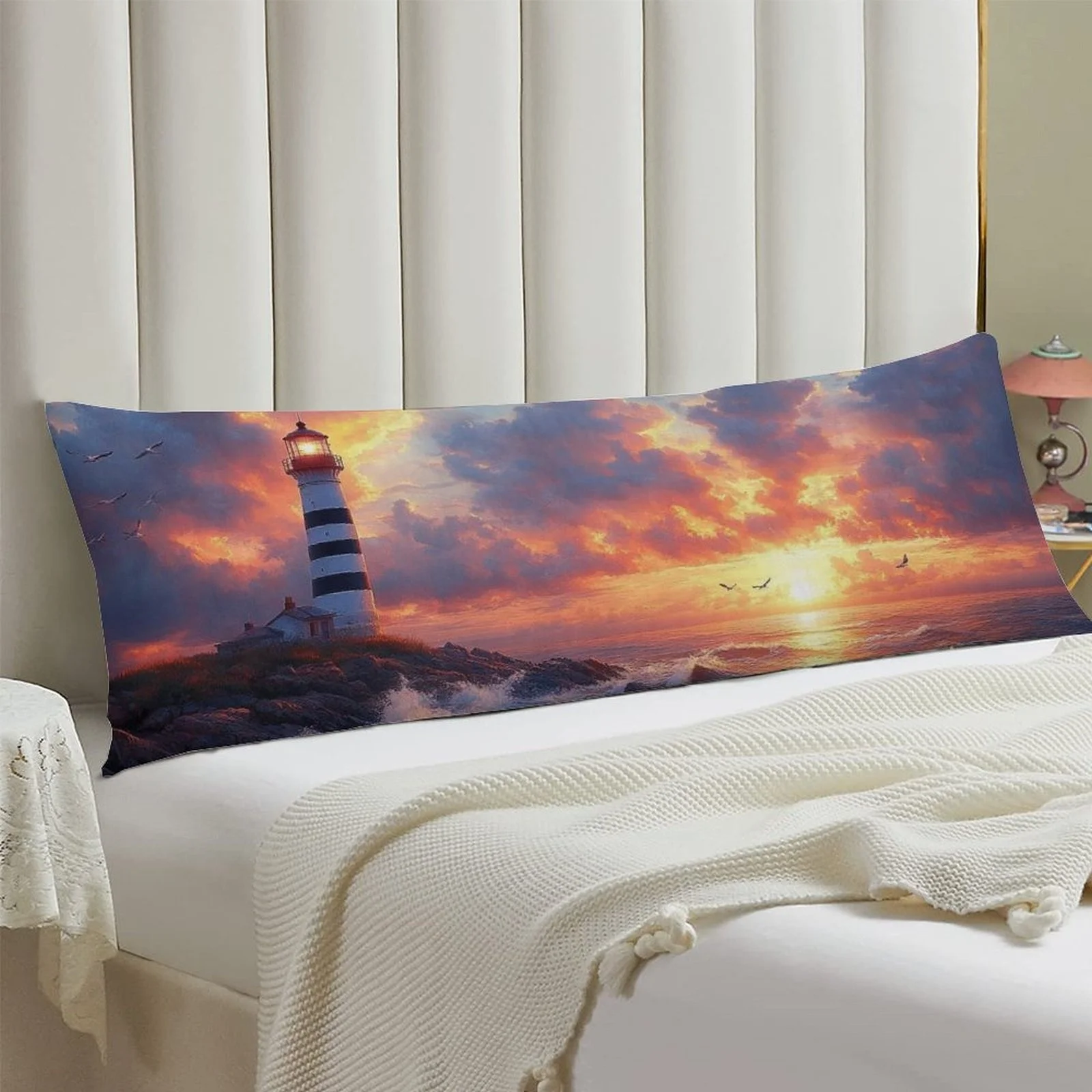 Lighthouse Sunset Design Pillowcase, Stylish Long Fluffy Bolster Pillow Cover, Soft and Comfortable Decorative Double-Sided Prin
