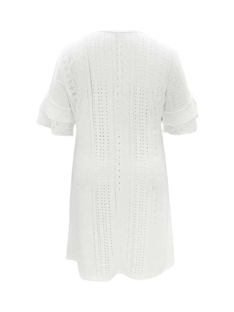 Plus Size Eyelet Solid Loose Dress Casual Layered Ruffle Cuff Short Sleeve Dress For Spring & Summer Odzież damska Plus Size