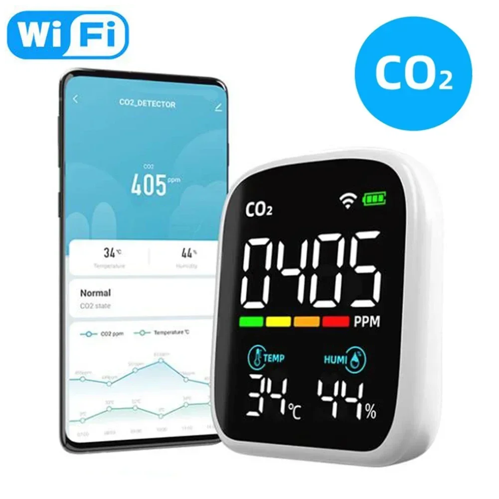 

Wifi Portable Air Quality Meter Temperature And Humidity Tester LCD Color Screen Carbon Dioxide Detector With Time