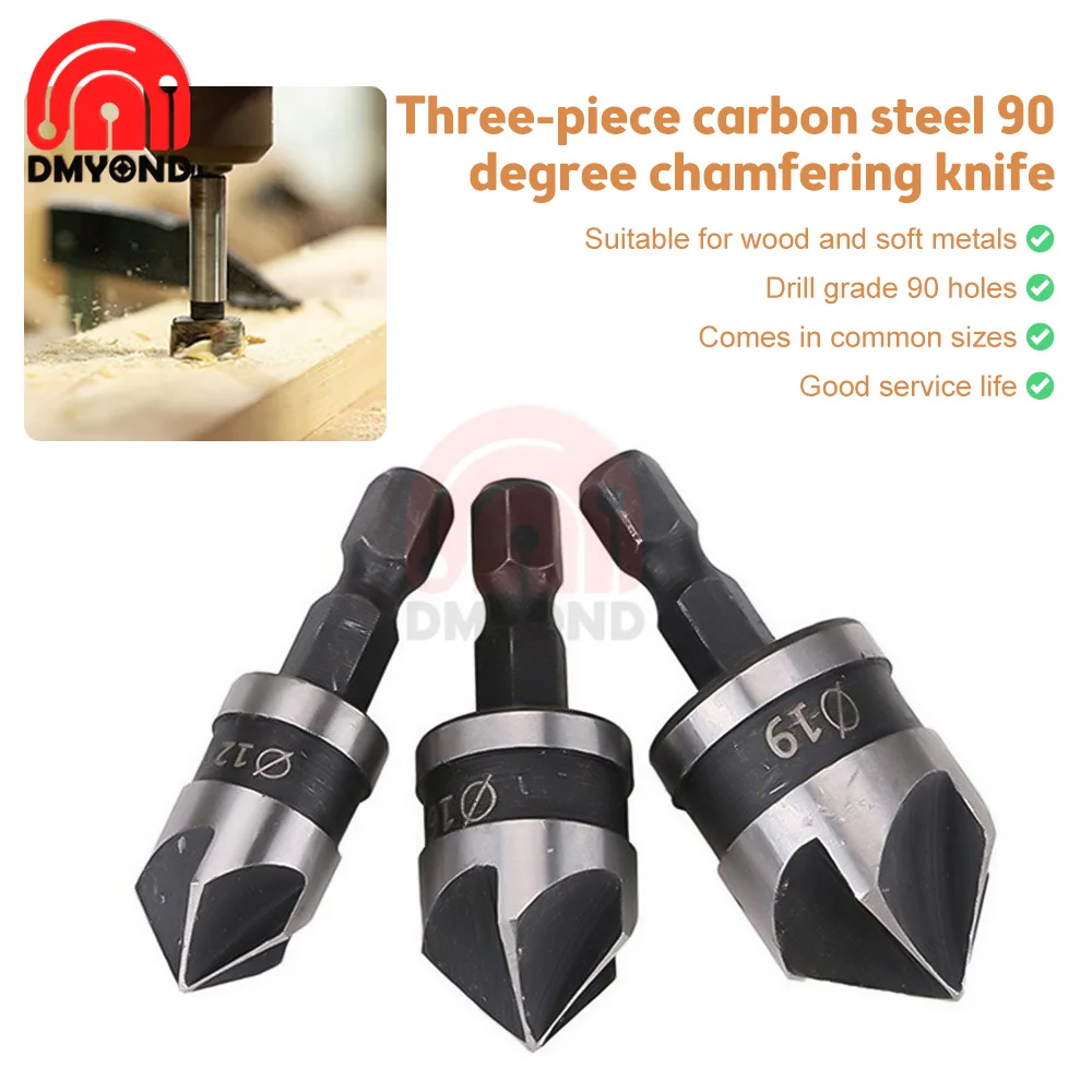 3Pc Five Edge Chamferer Carbon Steel 90 Degree Round Handle 12/16/19mm Black Oxide Countersink Drill Bit Woodworking Hole Opener